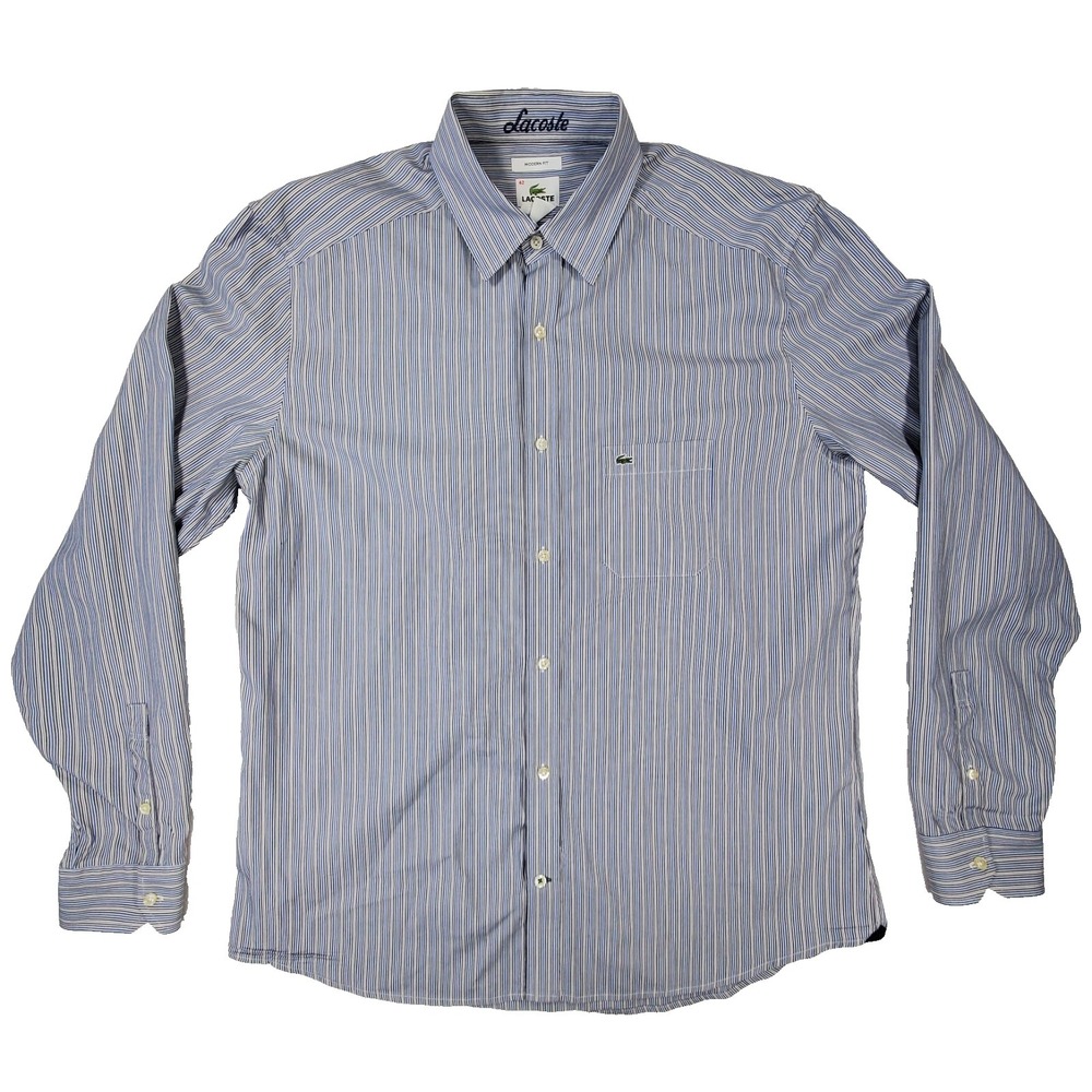 Lacoste‎ Mens Button Up Shirt 42 Modern Fit Blue Stripe Cotton Dress Shirt